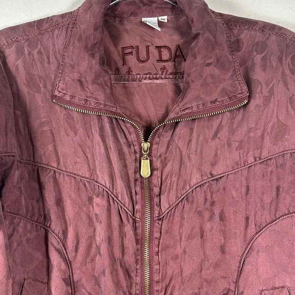 Vintage FUDA International Y2K Quilted 100% Silk Burgundy Bomber Jacket Size M - Picture 4 of 10